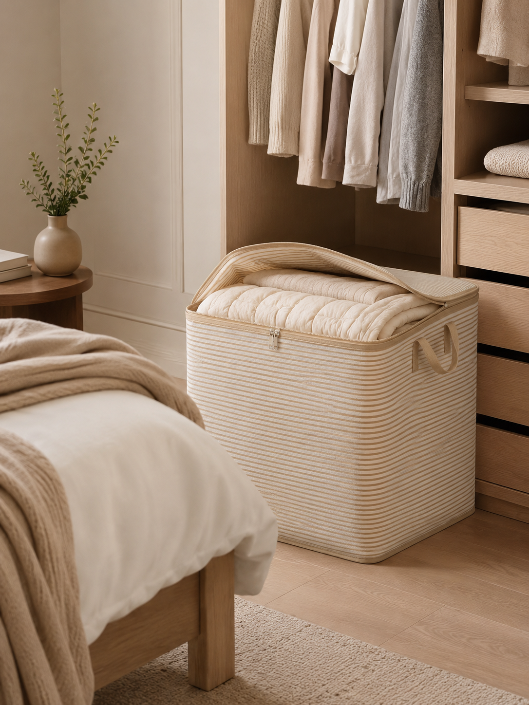 Extra Large Foldable Clothes Storage Bag with Zipper – Breathable Closet Organizer for Blankets, Bedding & Quilts | Beige | 50×50×40cm | 1 or 2 Piece