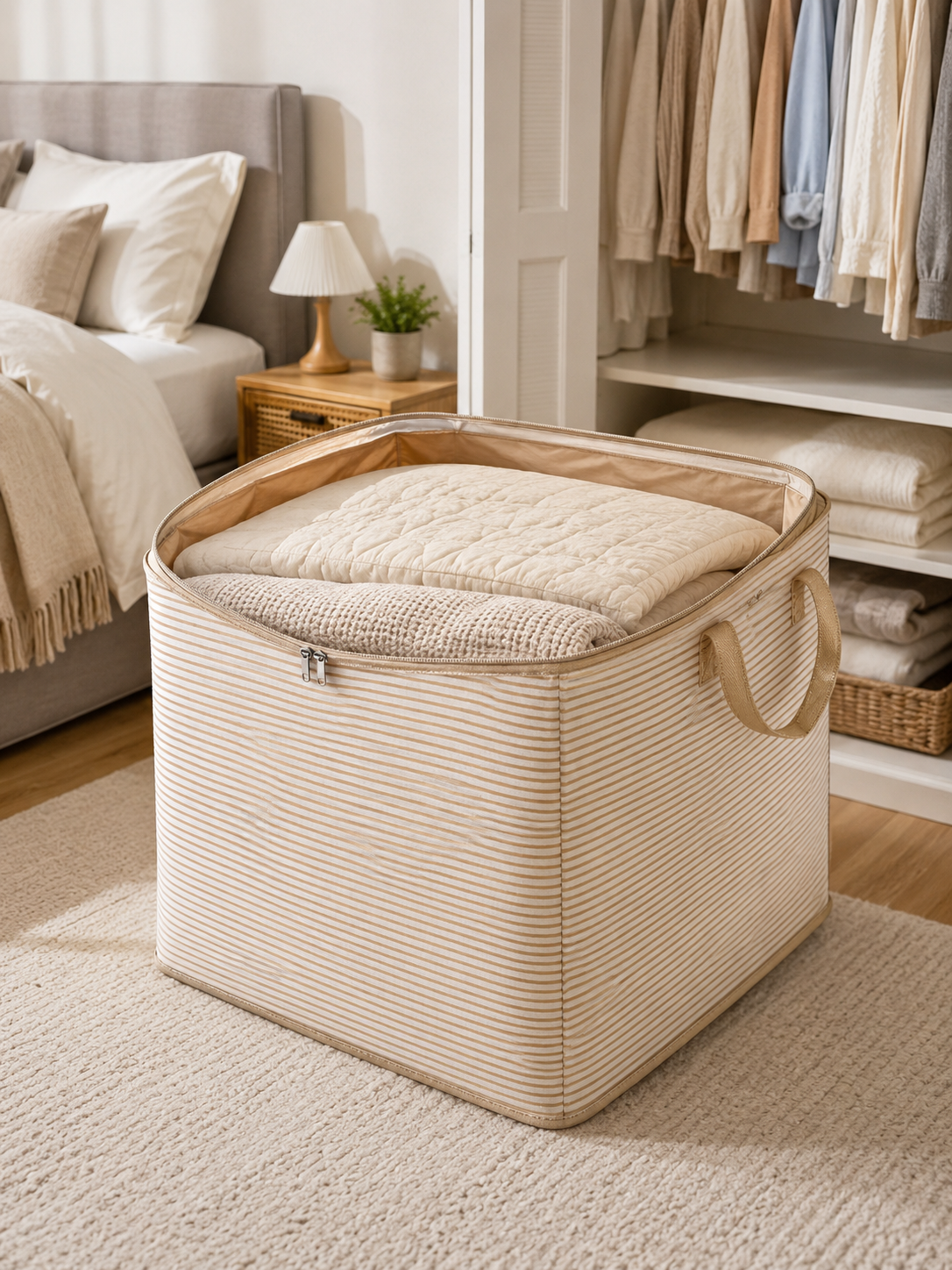 Extra Large Foldable Clothes Storage Bag with Zipper – Breathable Closet Organizer for Blankets, Bedding & Quilts | Beige | 50×50×40cm | 1 or 2 Piece