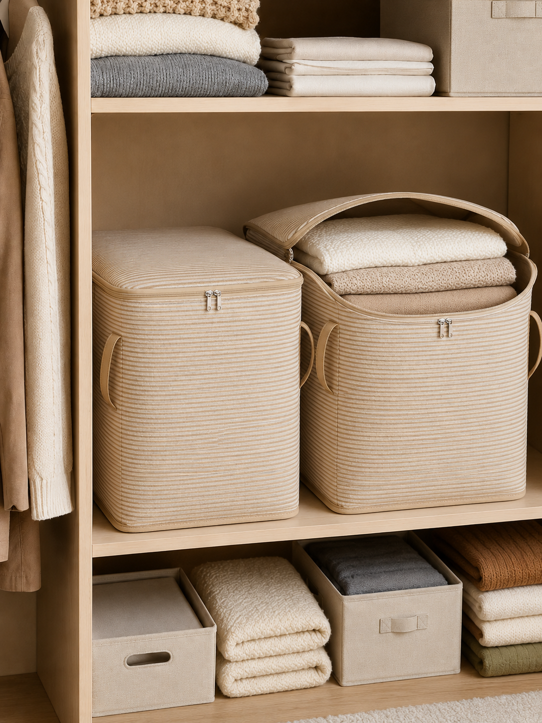 Extra Large Foldable Clothes Storage Bag with Zipper – Breathable Closet Organizer for Blankets, Bedding & Quilts | Beige | 50×50×40cm | 1 or 2 Piece