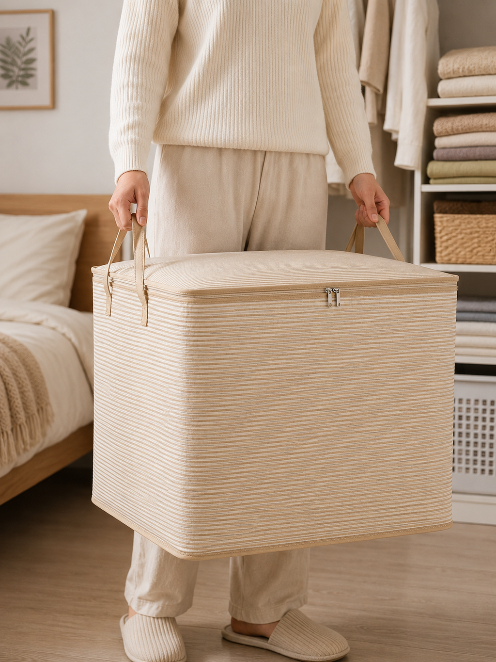 Extra Large Foldable Clothes Storage Bag with Zipper – Breathable Closet Organizer for Blankets, Bedding & Quilts | Beige | 50×50×40cm | 1 or 2 Piece