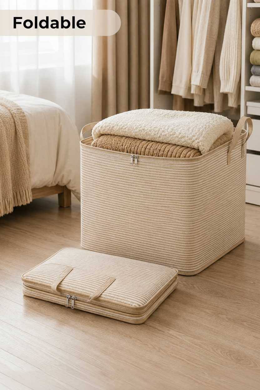 Extra Large Foldable Clothes Storage Bag with Zipper – Breathable Closet Organizer for Blankets, Bedding & Quilts | Beige | 50×50×40cm | 1 or 2 Piece