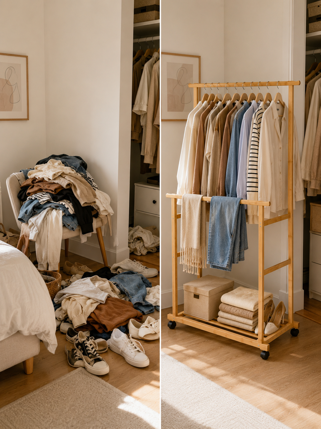 Rolling Wheels Bamboo Clothes Hanging Rack  – Portable Garment Rack with Bottom Shelf | Natural Wood | Bedroom & Closet