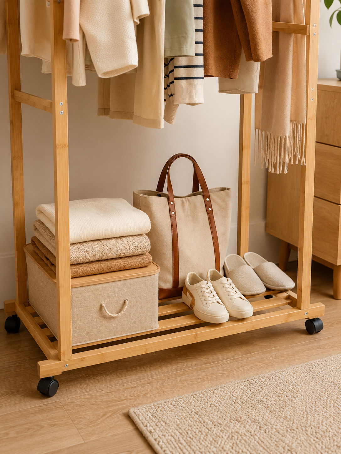 Rolling Wheels Bamboo Clothes Hanging Rack  – Portable Garment Rack with Bottom Shelf | Natural Wood | Bedroom & Closet
