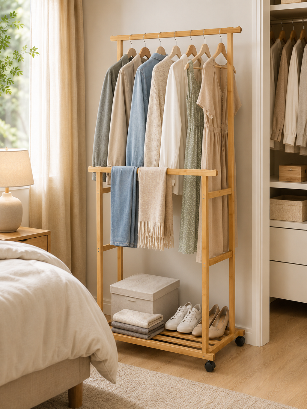 Rolling Wheels Bamboo Clothes Hanging Rack  – Portable Garment Rack with Bottom Shelf | Natural Wood | Bedroom & Closet