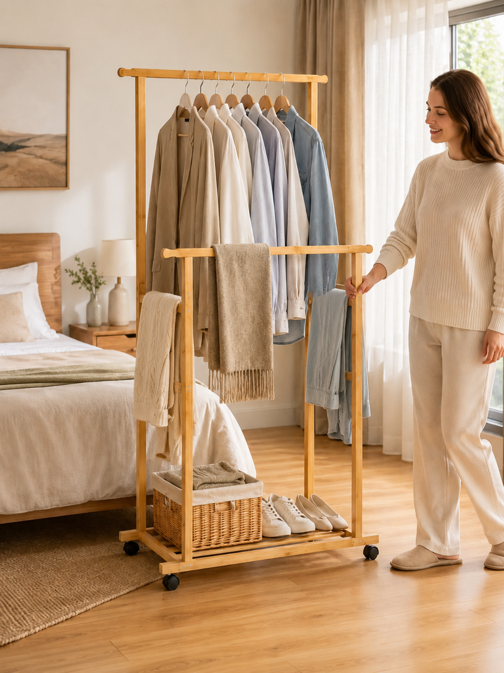 Rolling Wheels Bamboo Clothes Hanging Rack  – Portable Garment Rack with Bottom Shelf | Natural Wood | Bedroom & Closet
