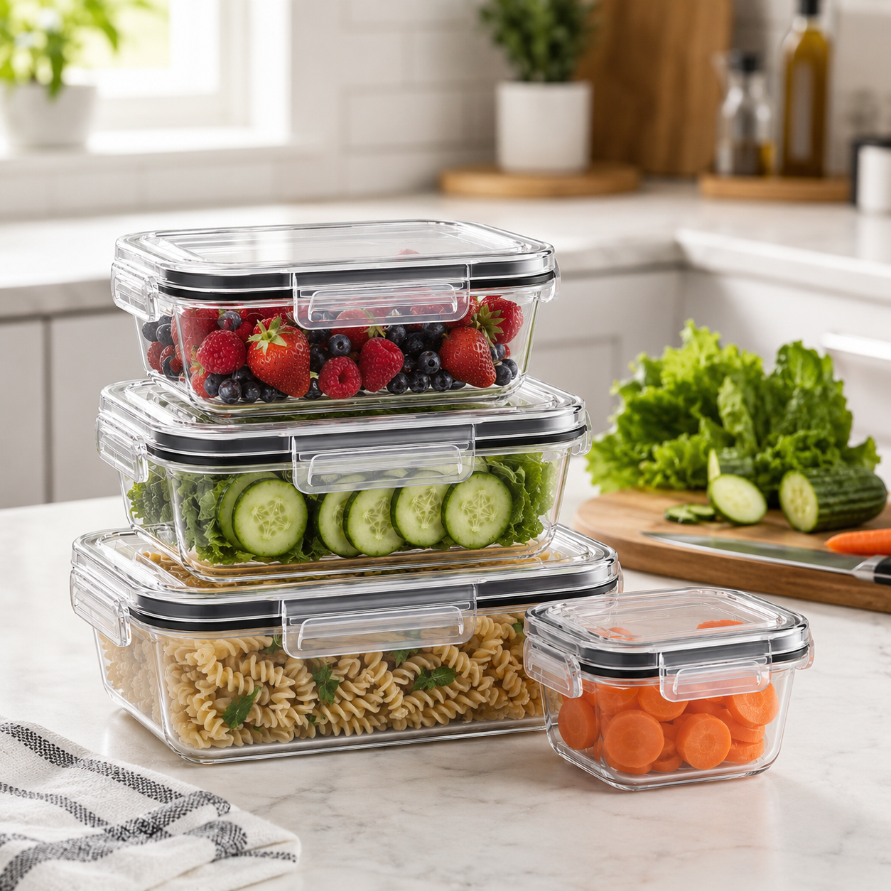 4-Piece Airtight Food Storage Container Set – Snap Lid Plastic Containers for Pantry & Kitchen | Leakproof | 4 Containers + 4 Lids