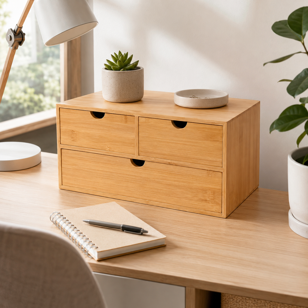 3-Drawer Bamboo Desk Organizer– Tabletop Storage Box for Office, Makeup & Home | No Assembly