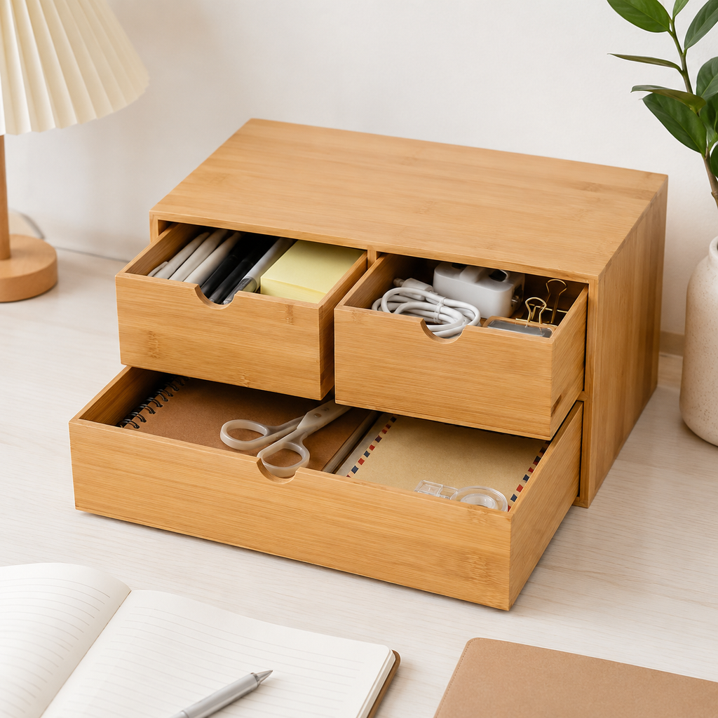 3-Drawer Bamboo Desk Organizer– Tabletop Storage Box for Office, Makeup & Home | No Assembly