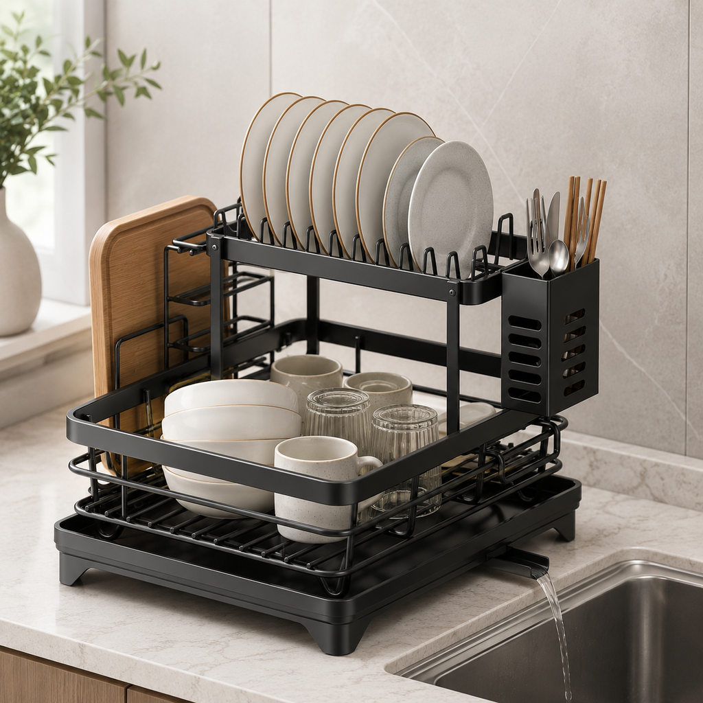 2-tier Stainless Steel Dish Drying Rack with Drainboard – Kitchen Counter Dish Organizer
