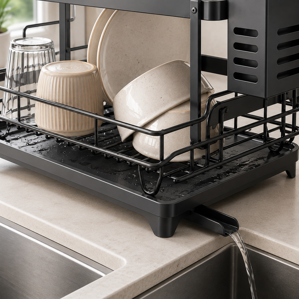 2-tier Stainless Steel Dish Drying Rack with Drainboard – Kitchen Counter Dish Organizer