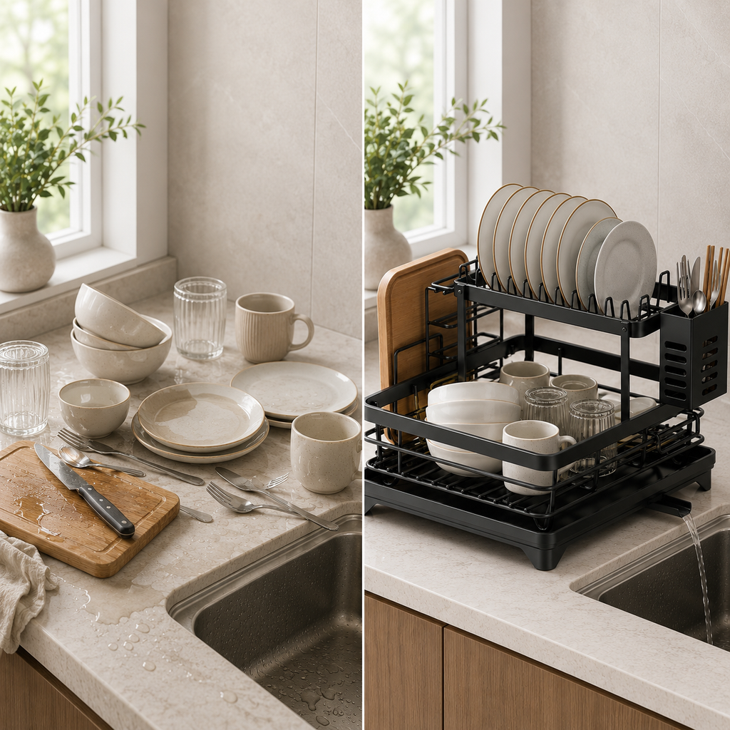 2-tier Stainless Steel Dish Drying Rack with Drainboard – Kitchen Counter Dish Organizer