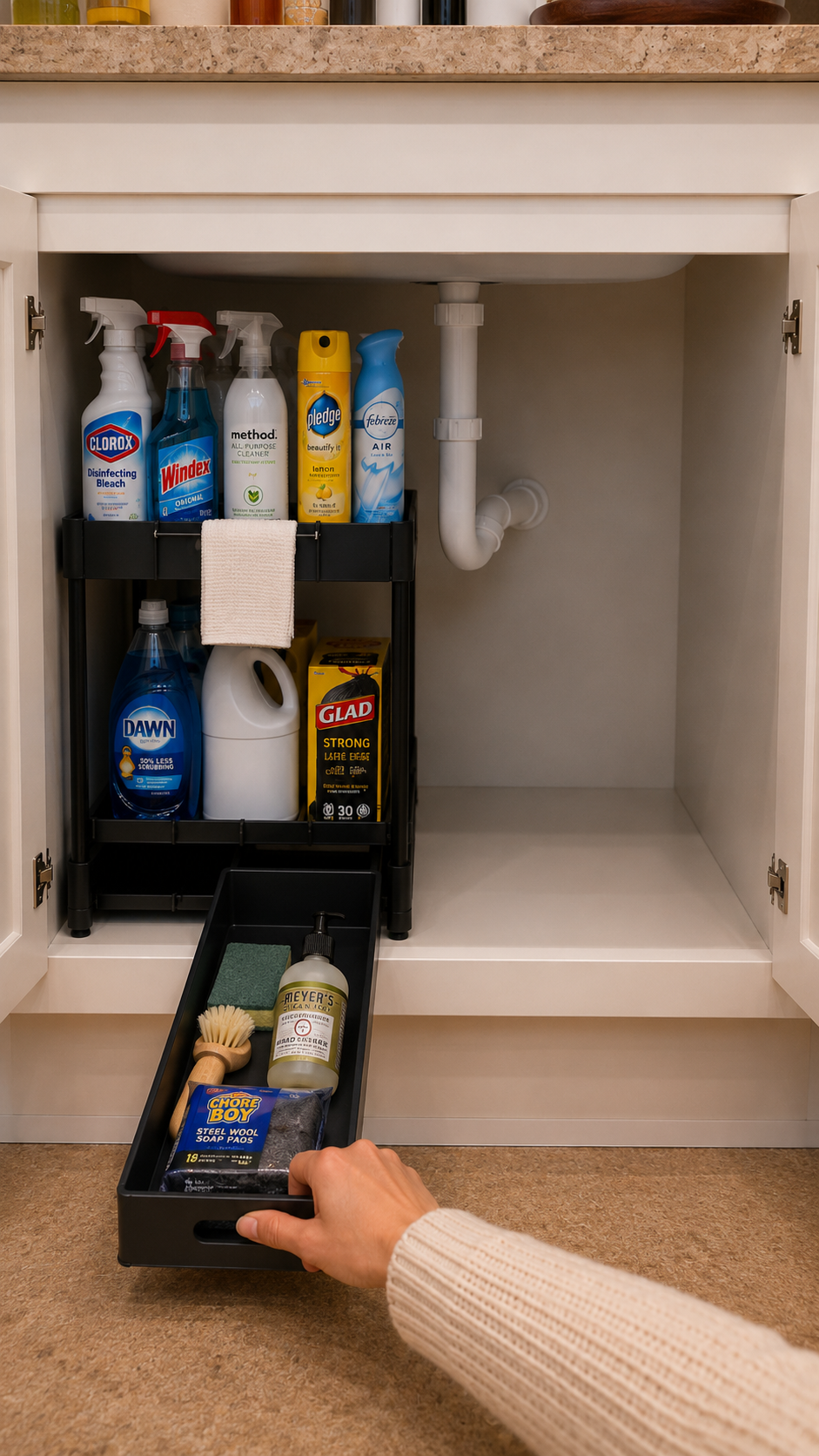 1 / 2-Piece Pull-Out Under Sink Storage Organizer – Sliding Two-Tier Cabinet Organizer for Kitchen & Bathroom | Black