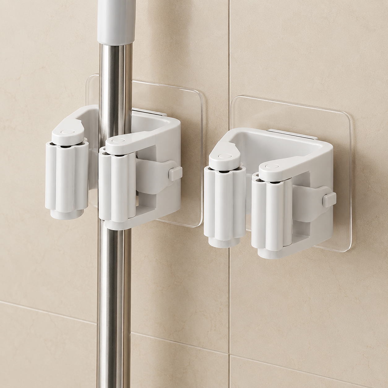 4 pcs-No Drill -- Adhesive Wall Mounted Mop & Broom Holder – No-Drill Cleaning Tool Rack Organizer