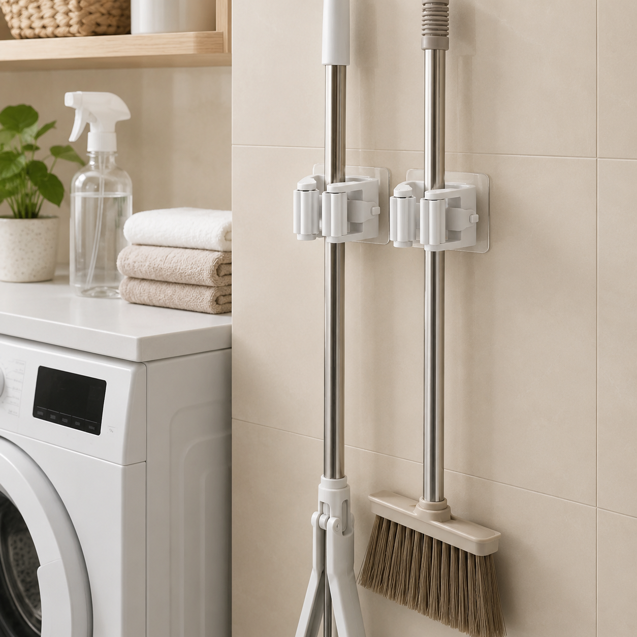 4 pcs-No Drill -- Adhesive Wall Mounted Mop & Broom Holder – No-Drill Cleaning Tool Rack Organizer