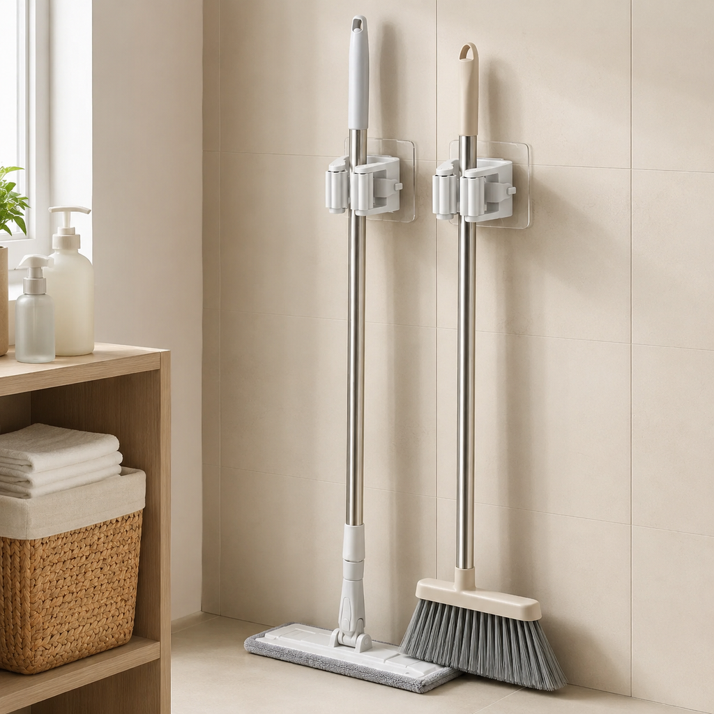 4 pcs-No Drill -- Adhesive Wall Mounted Mop & Broom Holder – No-Drill Cleaning Tool Rack Organizer