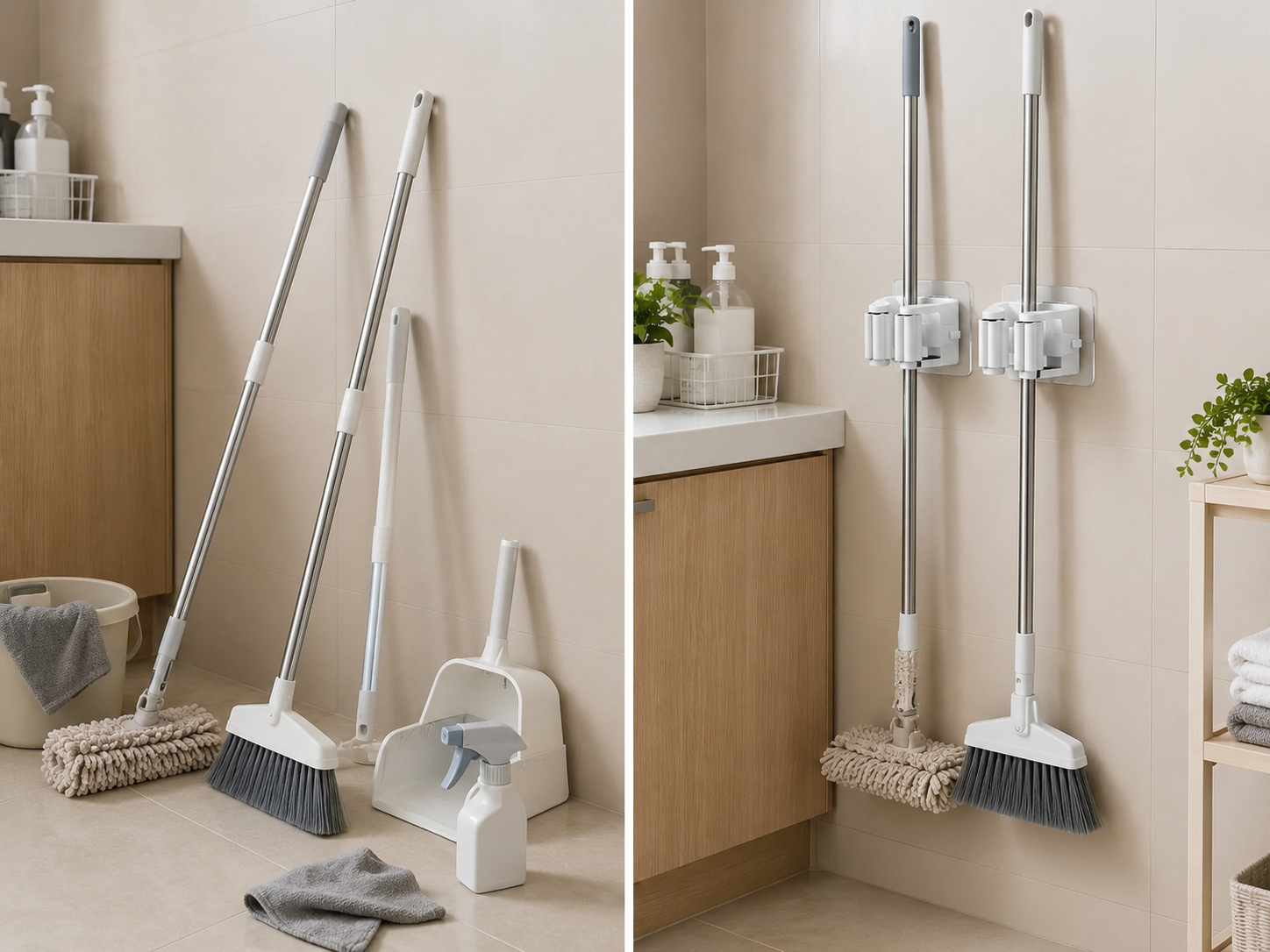 4 pcs-No Drill -- Adhesive Wall Mounted Mop & Broom Holder – No-Drill Cleaning Tool Rack Organizer