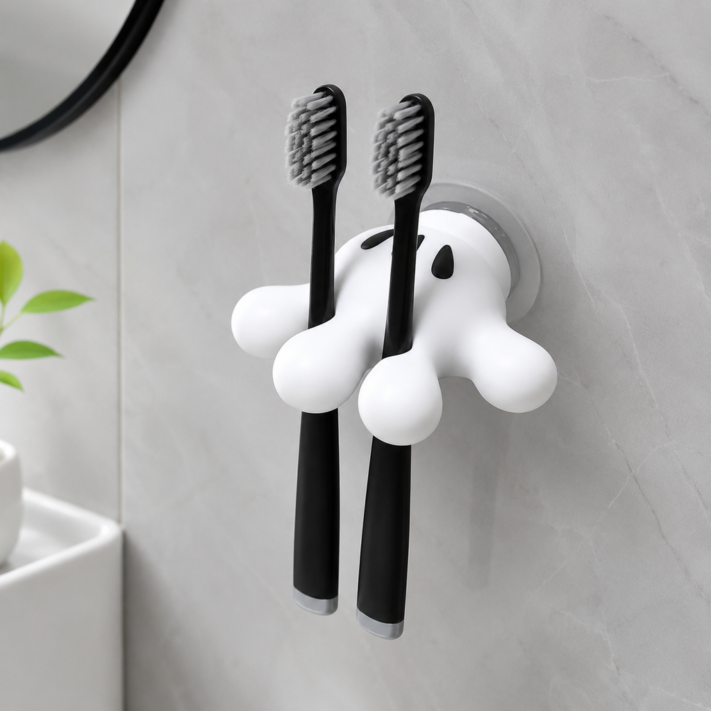 No-Drill- Adhesive Cute Wall Mounted Toothbrush Holder – Suction Cup No-Drill Bathroom Organizer |