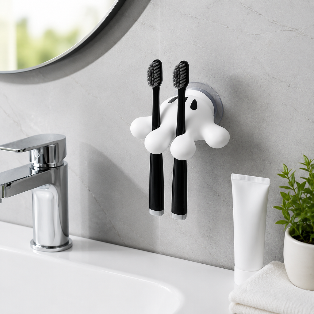 No-Drill- Adhesive Cute Wall Mounted Toothbrush Holder – Suction Cup No-Drill Bathroom Organizer |