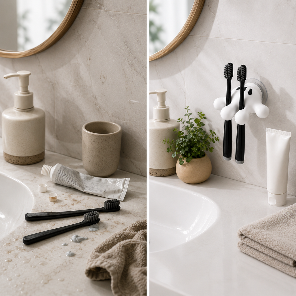 No-Drill- Adhesive Cute Wall Mounted Toothbrush Holder – Suction Cup No-Drill Bathroom Organizer |