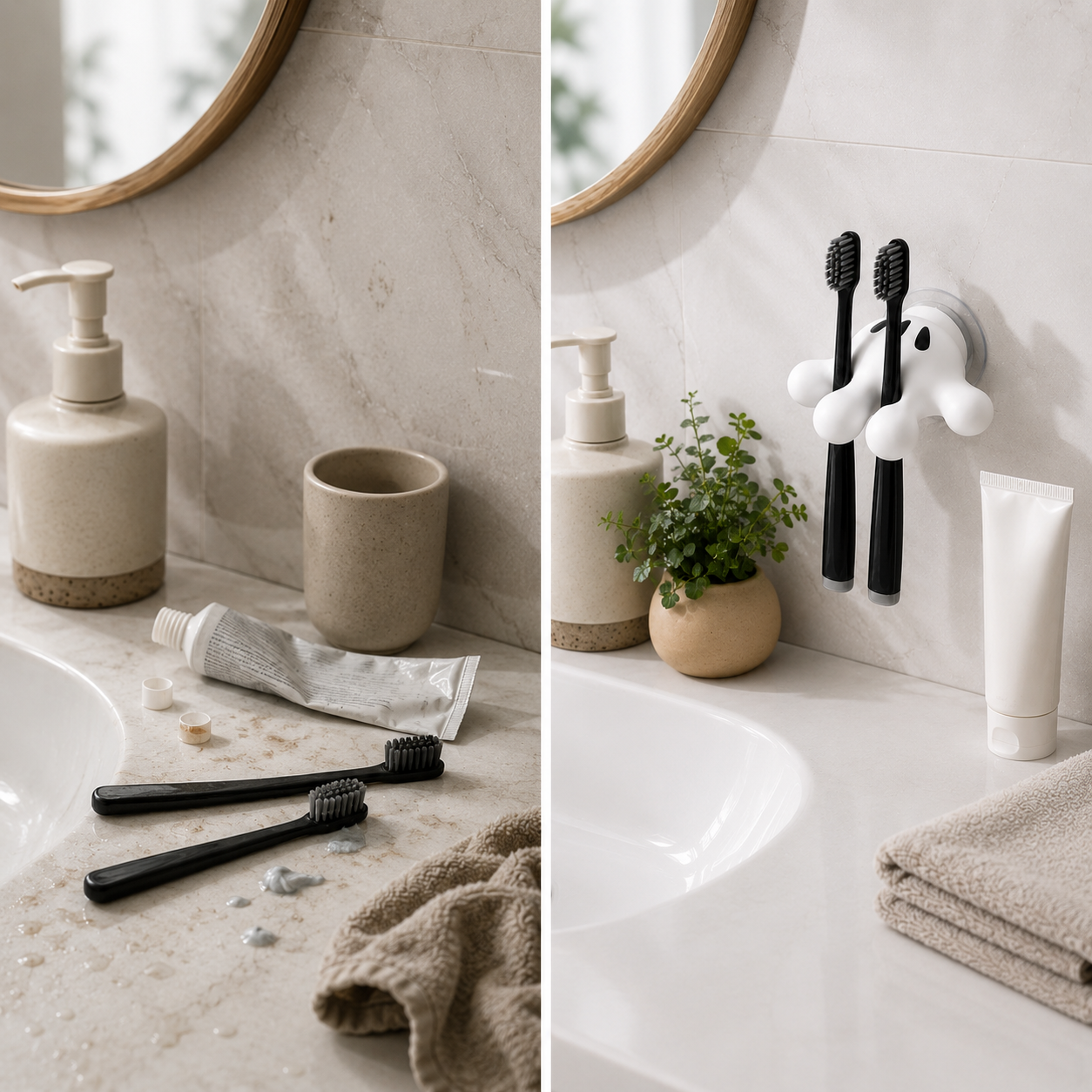 No-Drill- Adhesive Cute Wall Mounted Toothbrush Holder – Suction Cup No-Drill Bathroom Organizer |