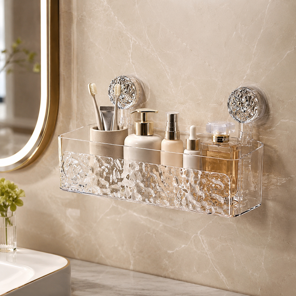 No drill-Adhesive Wall Mounted Bathroom Storage Basket – Suction Cup Shower Organizer Rack