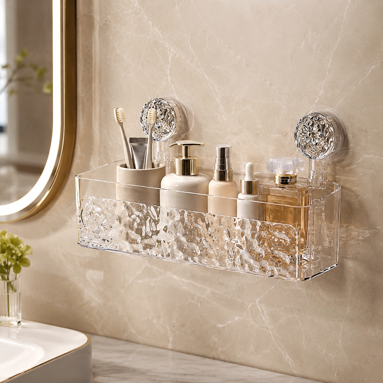 No drill-Adhesive Wall Mounted Bathroom Storage Basket – Suction Cup Shower Organizer Rack