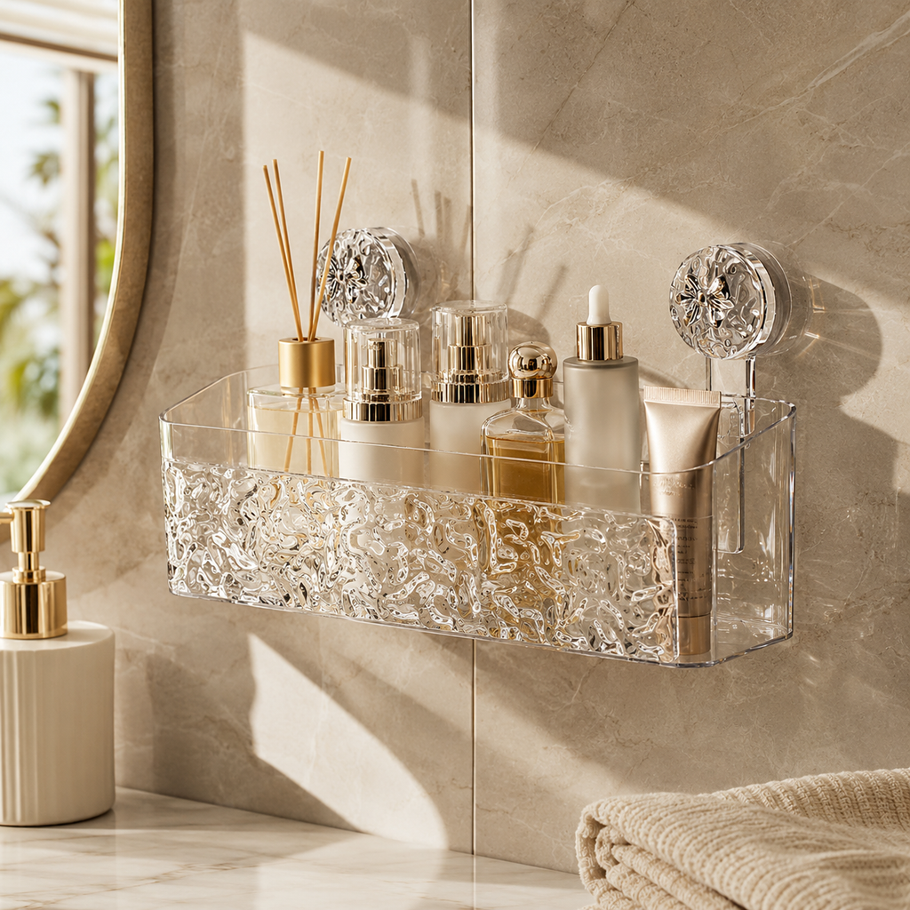 No drill-Adhesive Wall Mounted Bathroom Storage Basket – Suction Cup Shower Organizer Rack
