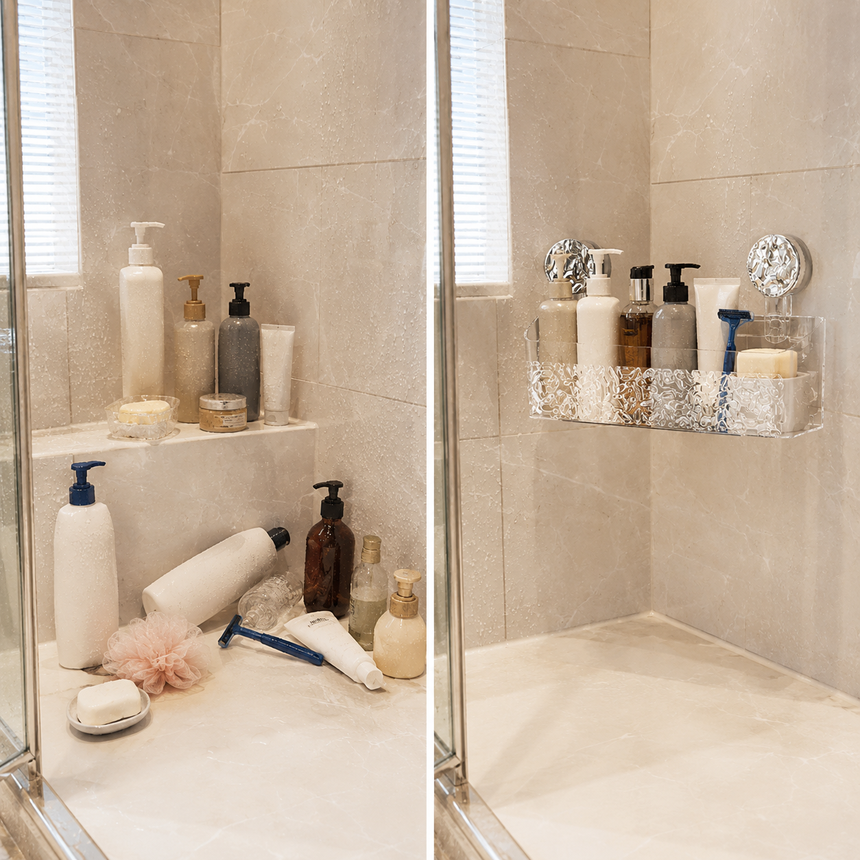 No drill-Adhesive Wall Mounted Bathroom Storage Basket – Suction Cup Shower Organizer Rack