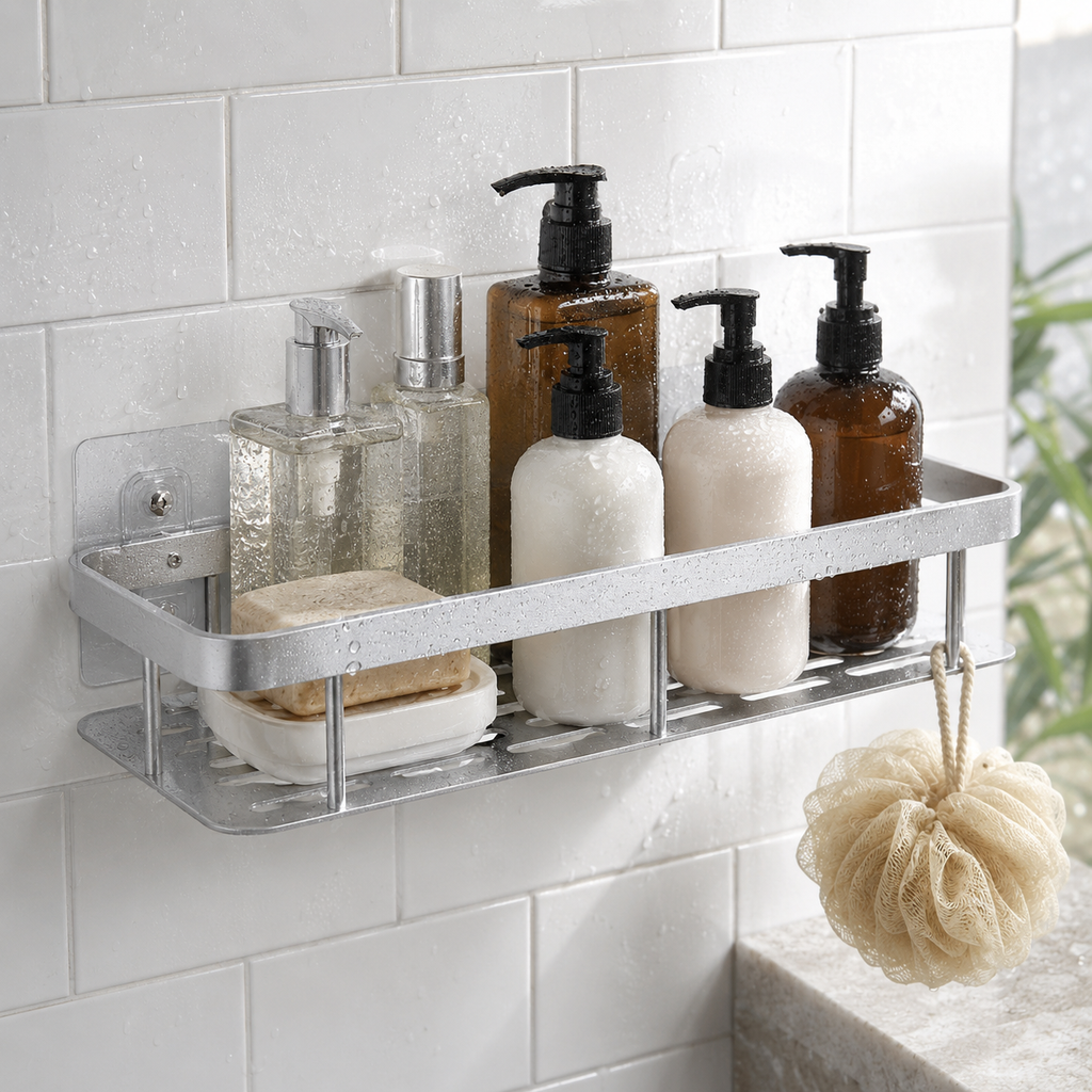 No-Drill Corner Shower Caddy – Adhesive Wall Mounted Bathroom Shelf Organizer
