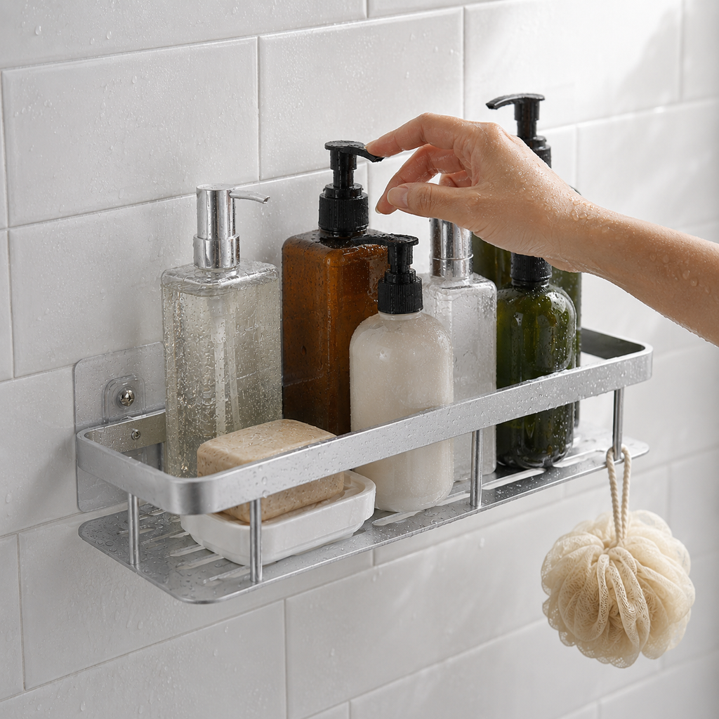 No-Drill Corner Shower Caddy – Adhesive Wall Mounted Bathroom Shelf Organizer
