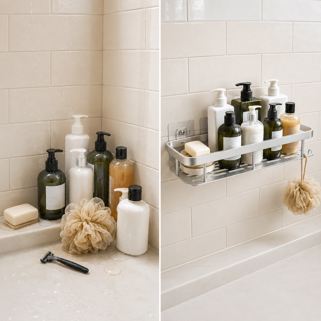 No-Drill Corner Shower Caddy – Adhesive Wall Mounted Bathroom Shelf Organizer