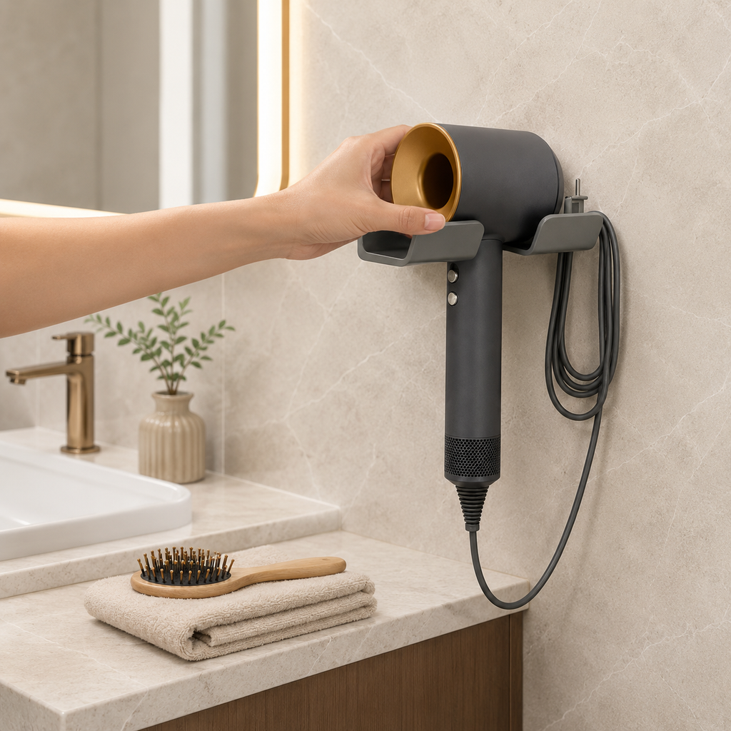 No drill-Adhesive Wall Mounted Hair Dryer Holder – No-Drill Hair Tool Organizer Stand