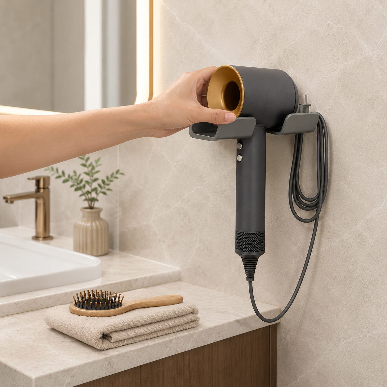 No drill-Adhesive Wall Mounted Hair Dryer Holder – No-Drill Hair Tool Organizer Stand