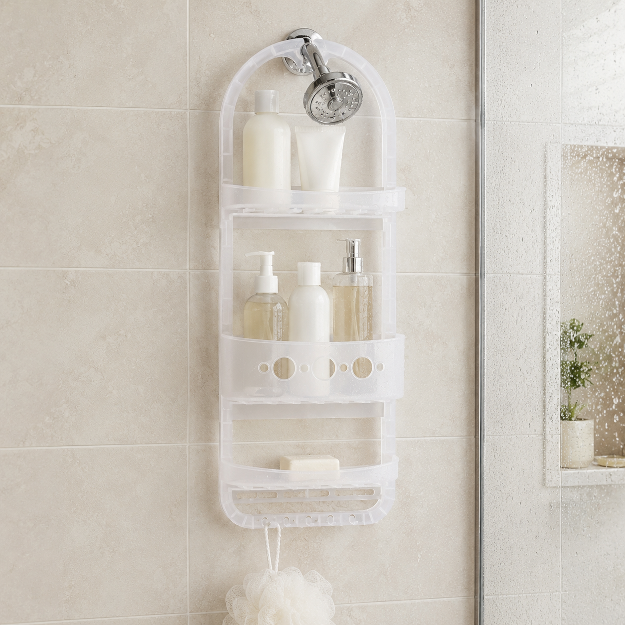 No drill –  Over the Shower Caddy Organizer – 3– Tier Showerhead Hanging Rack with Deep Basket & Hooks