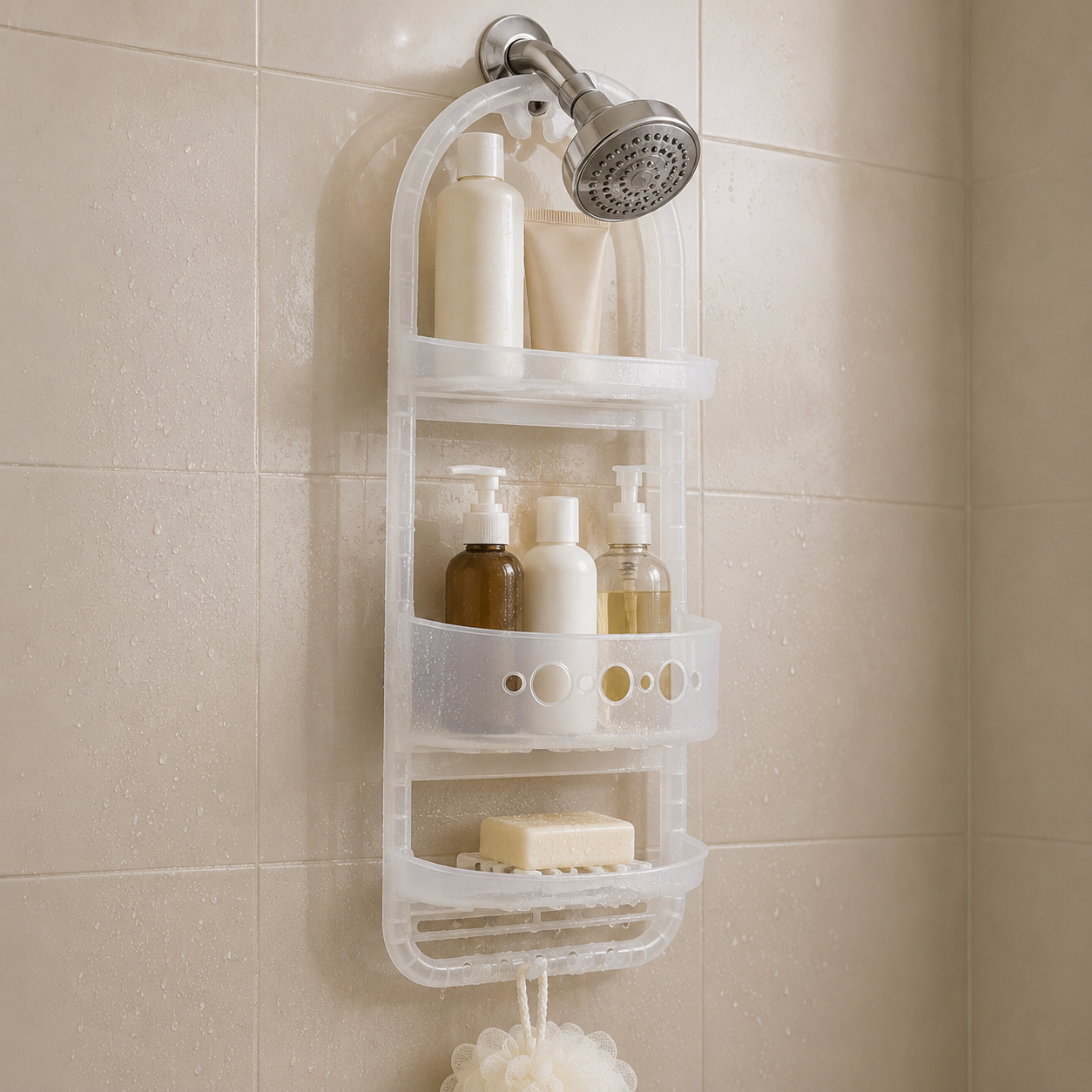 No drill –  Over the Shower Caddy Organizer – 3– Tier Showerhead Hanging Rack with Deep Basket & Hooks