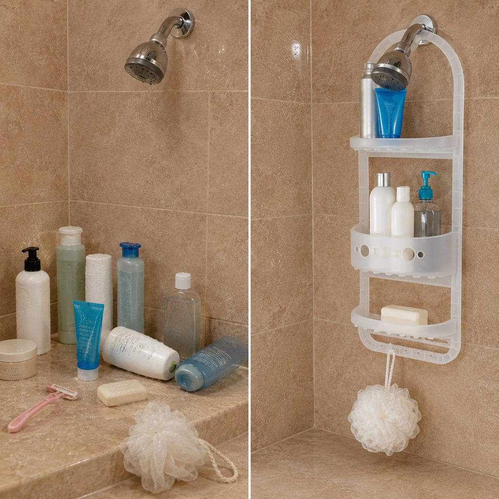 No drill –  Over the Shower Caddy Organizer – 3– Tier Showerhead Hanging Rack with Deep Basket & Hooks