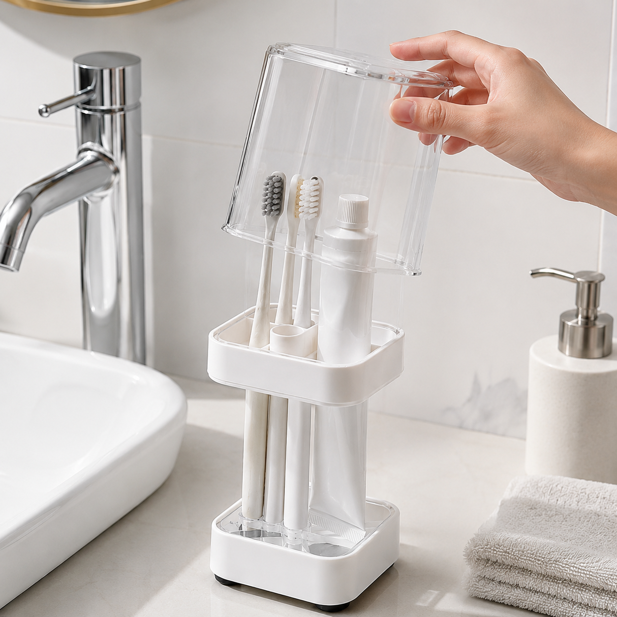 2-in-1 Family Toothbrush Holder with Cover – Bathroom Countertop Organizer