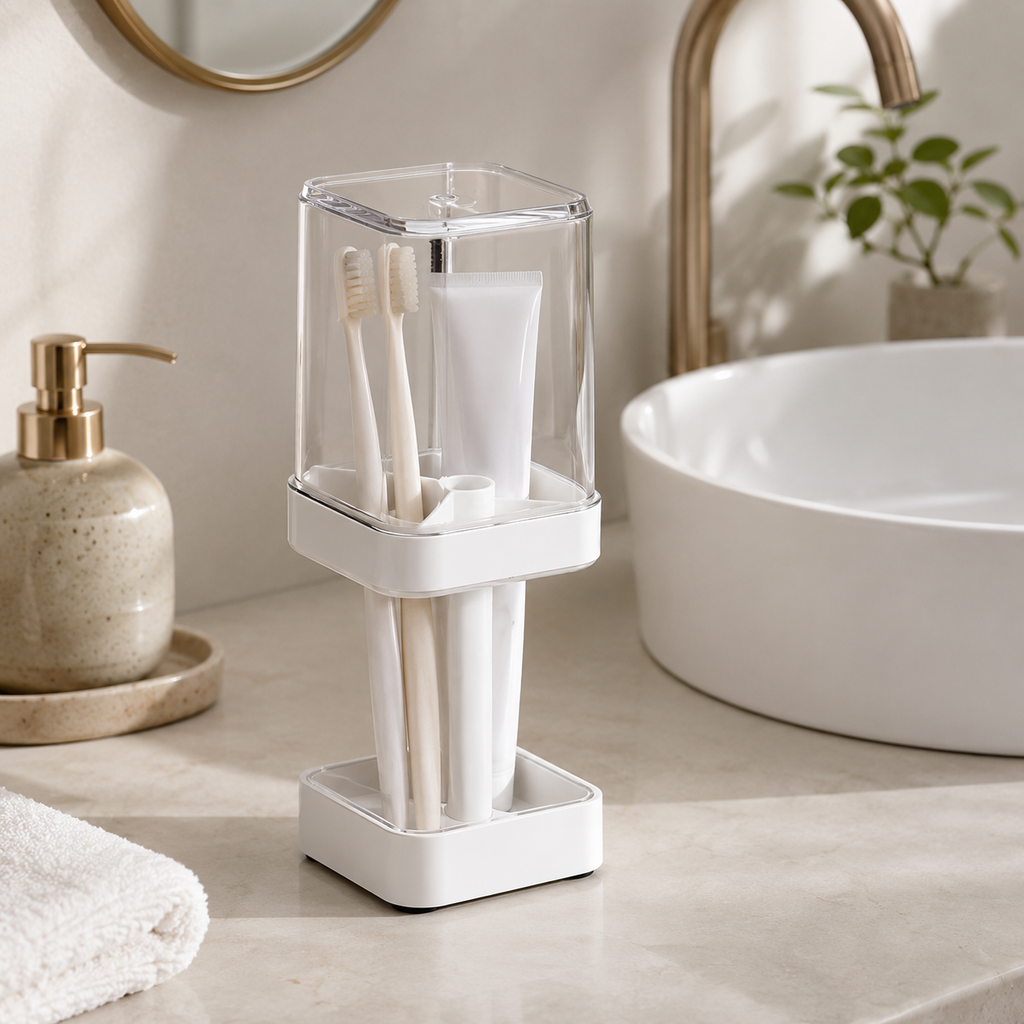 2-in-1 Family Toothbrush Holder with Cover – Bathroom Countertop Organizer
