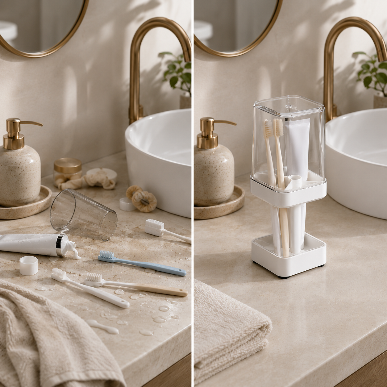 2-in-1 Family Toothbrush Holder with Cover – Bathroom Countertop Organizer