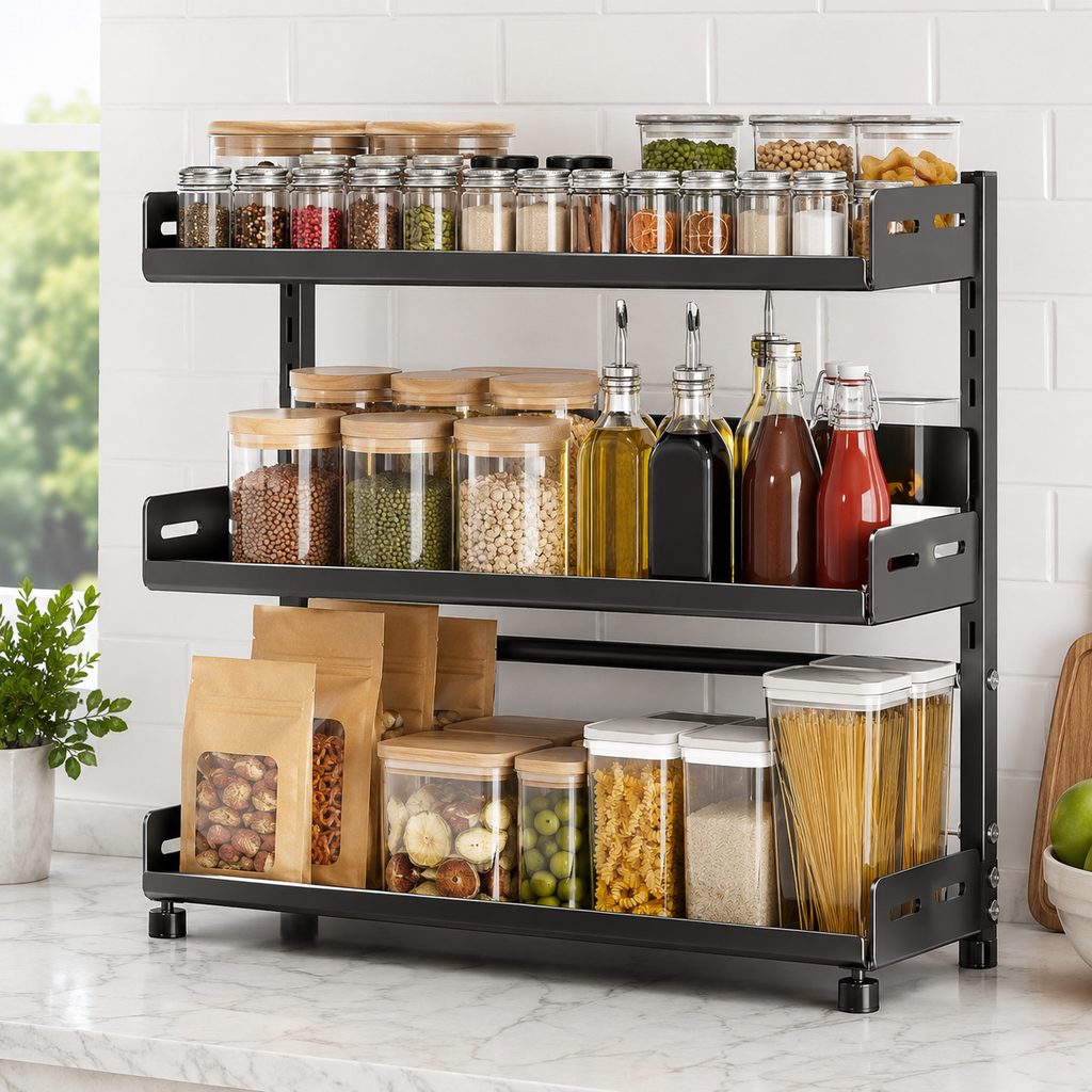 3-Tier Adjustable height Vertical Spice Rack Organizer – Rustproof Metal Kitchen Storage