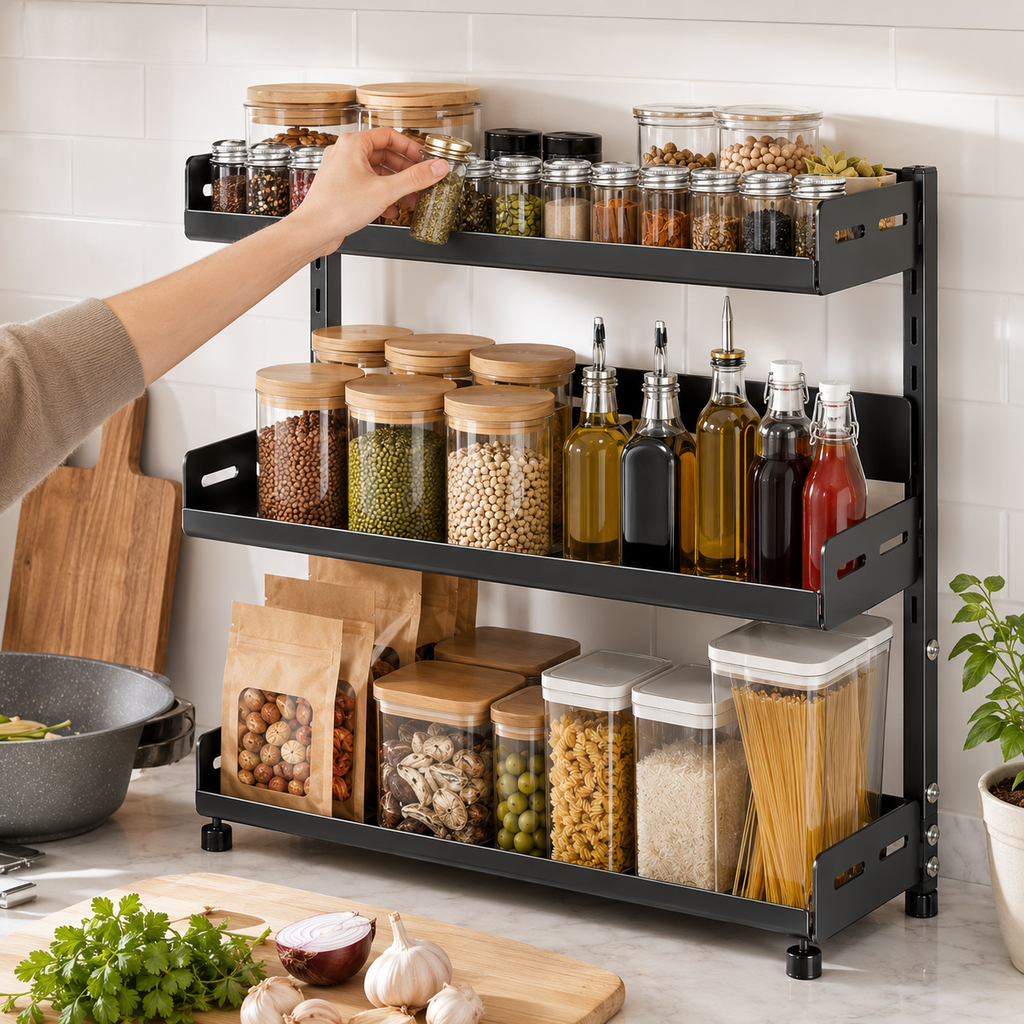 3-Tier Adjustable height Vertical Spice Rack Organizer – Rustproof Metal Kitchen Storage