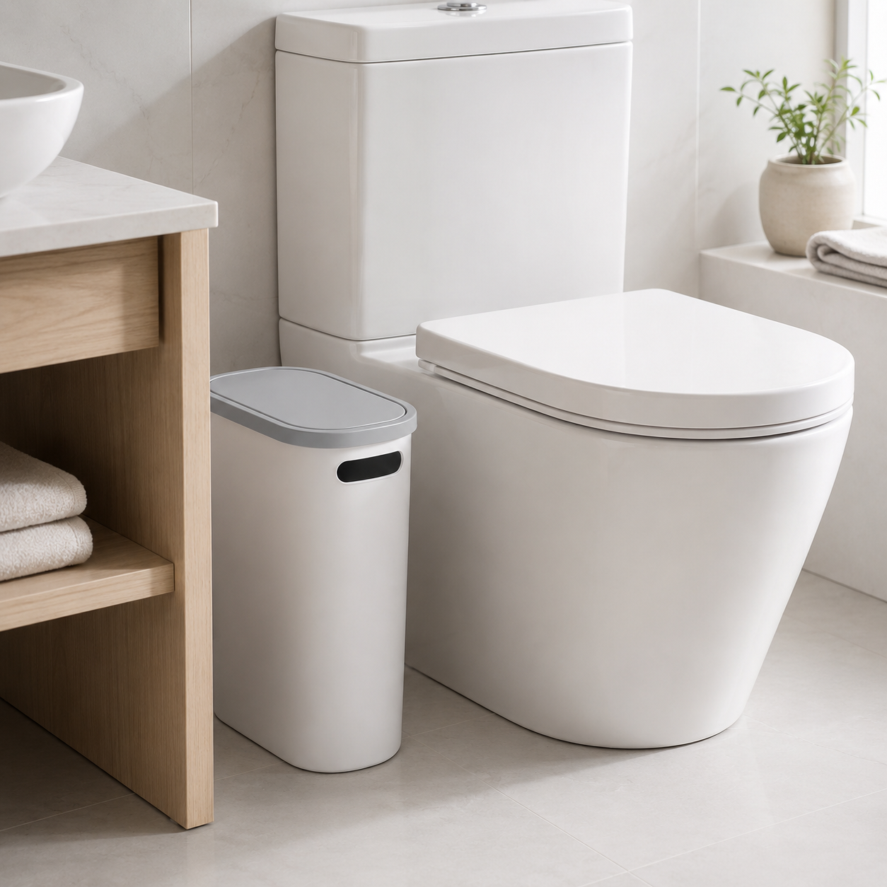 Slim Bathroom Trash Can with Lid – Modern Space-Saving Waste Bin