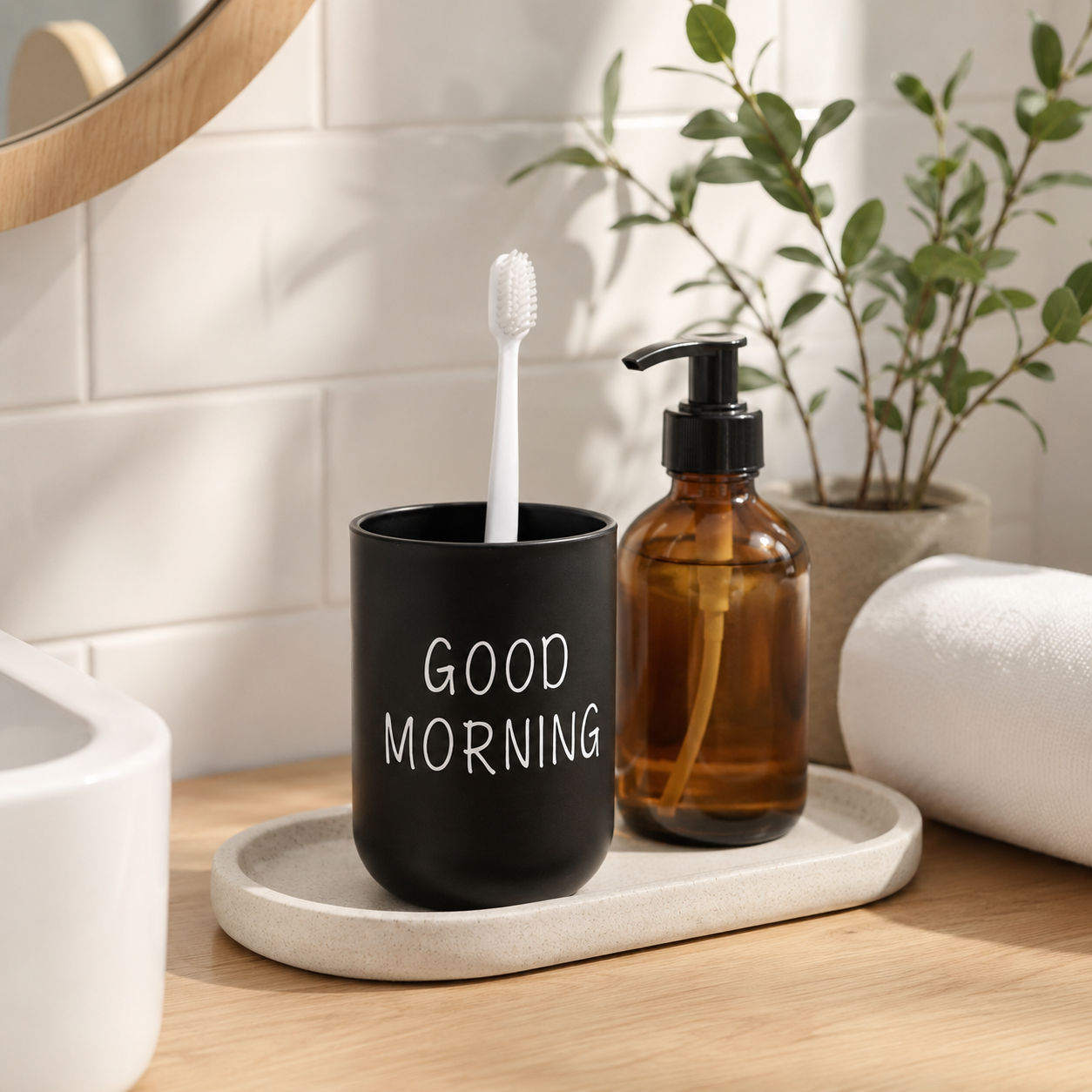 Good Morning Bathroom Cup – Toothbrush Holder & Mouthwash Rinse Cup