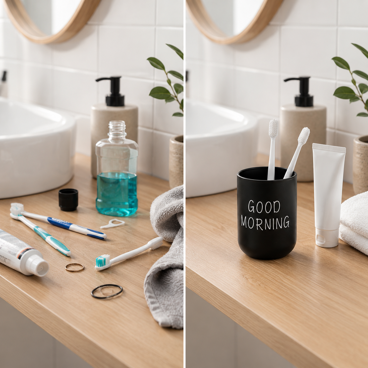 Good Morning Bathroom Cup – Toothbrush Holder & Mouthwash Rinse Cup