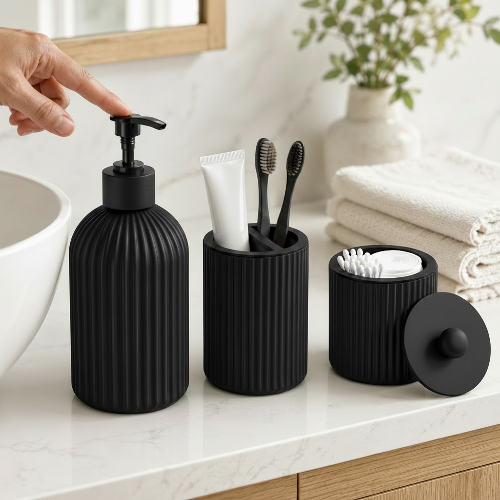 Bathroom Countertop Organizer Set – Soap Dispenser, Toothbrush Holder & Storage Containers