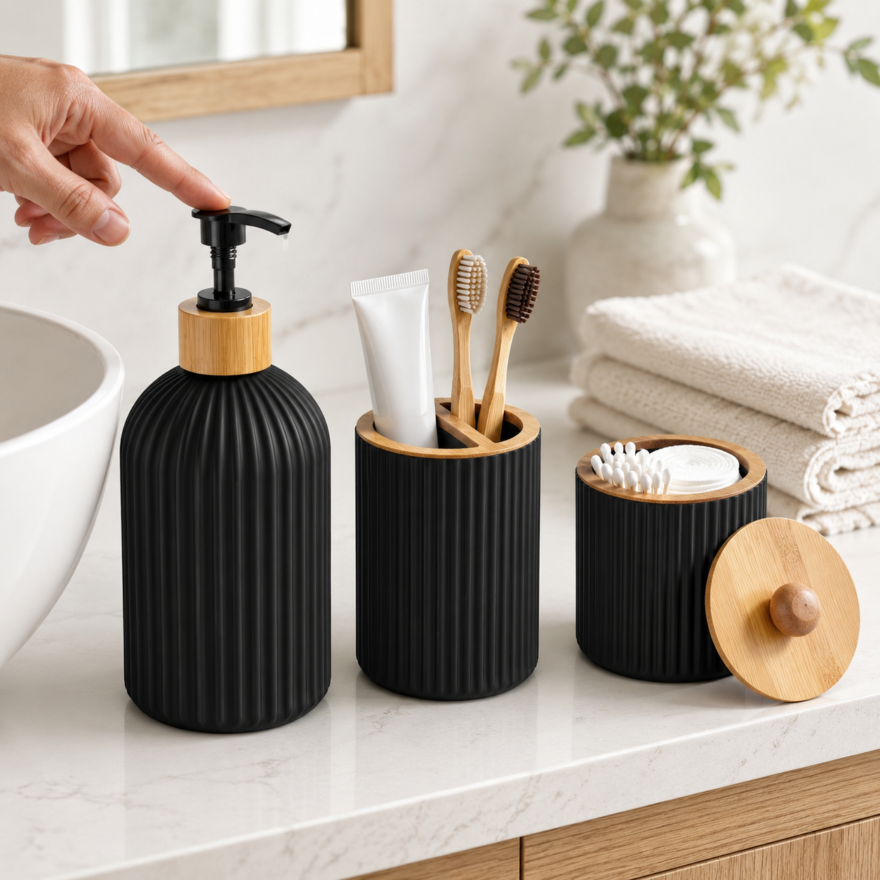 Bathroom Countertop Organizer Set – Soap Dispenser, Toothbrush Holder & Storage Containers