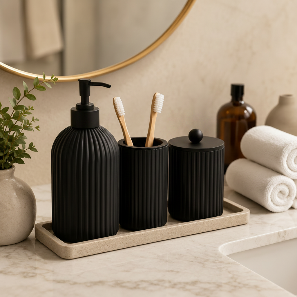 Bathroom Countertop Organizer Set – Soap Dispenser, Toothbrush Holder & Storage Containers