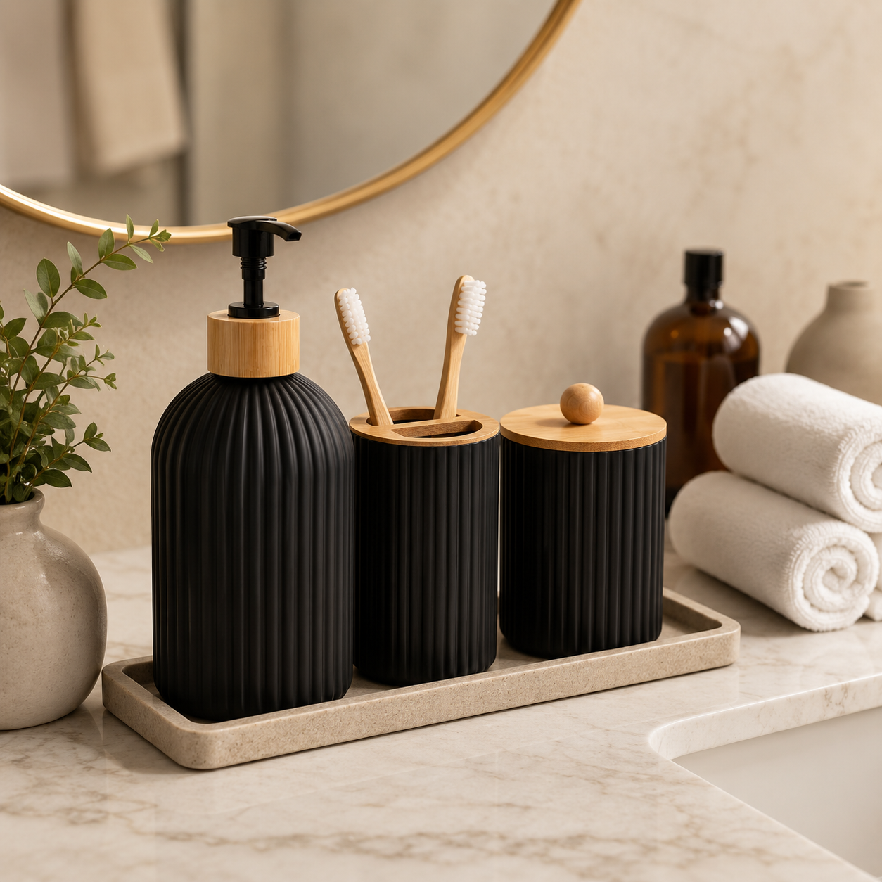 Bathroom Countertop Organizer Set – Soap Dispenser, Toothbrush Holder & Storage Containers
