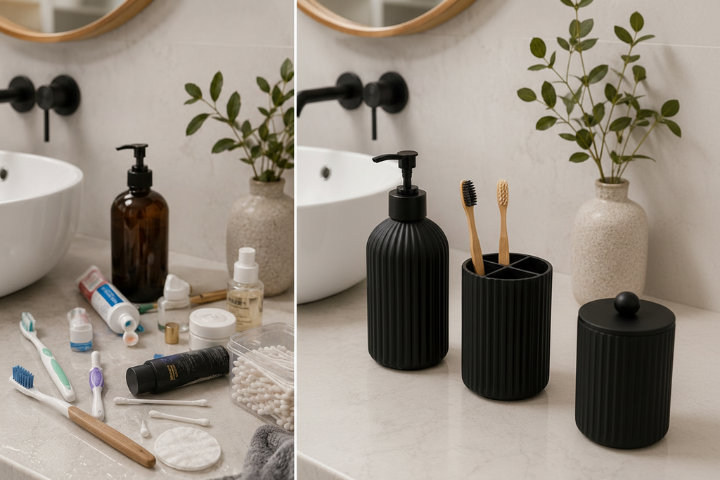 Bathroom Countertop Organizer Set – Soap Dispenser, Toothbrush Holder & Storage Containers