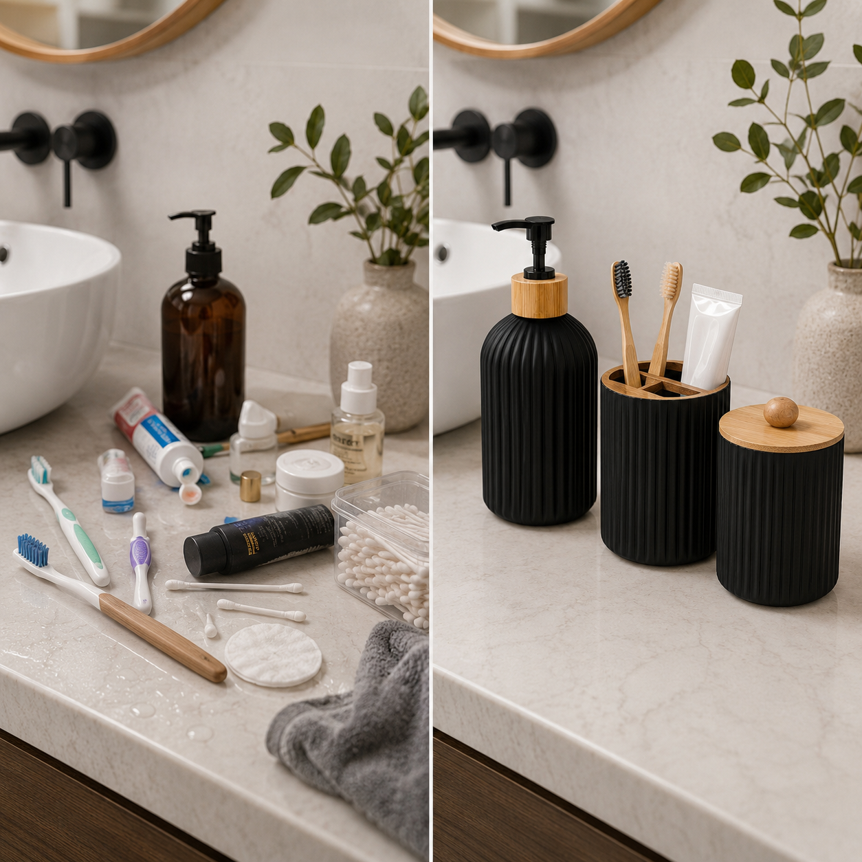 Bathroom Countertop Organizer Set – Soap Dispenser, Toothbrush Holder & Storage Containers